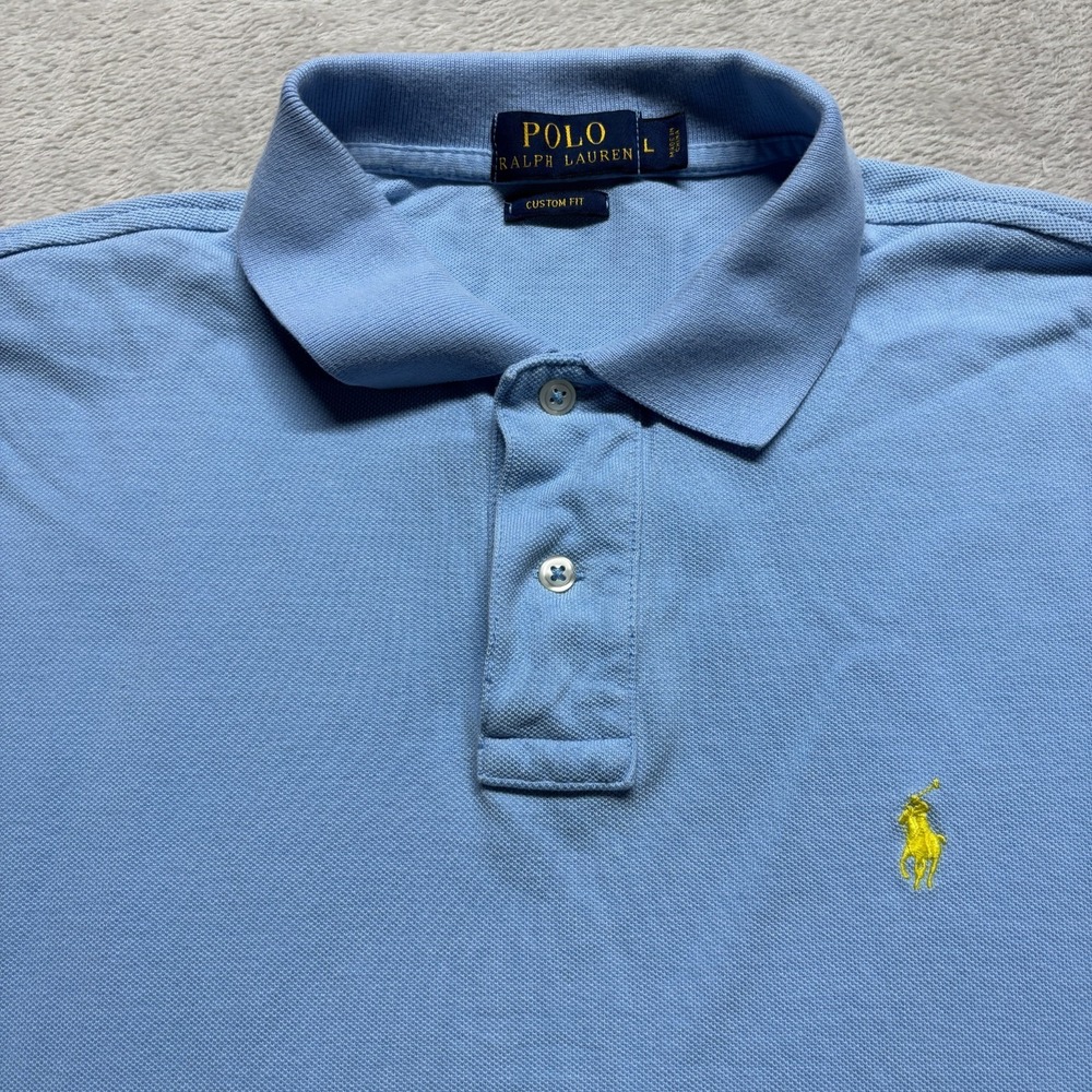 Ralph Lauren Polo Shirt Mens Large Custom Fit Blue Yellow Pony Logo Short Sleeve